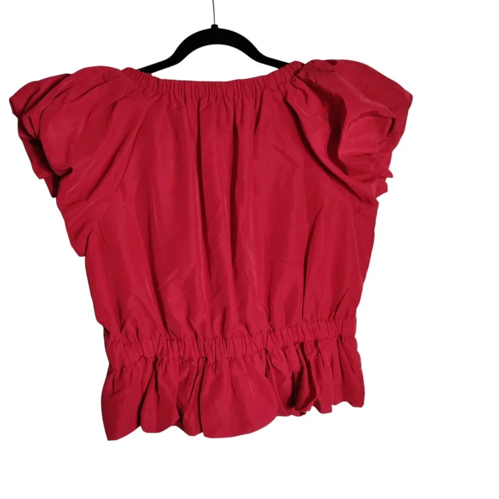 Loft‎ Red Puff Sleeve Peplum Top Black Velvet Bow V-Neck Blouse Womens Medium